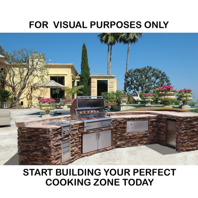 Outdoor kitchen with grill and stone countertops in a backyard setting.