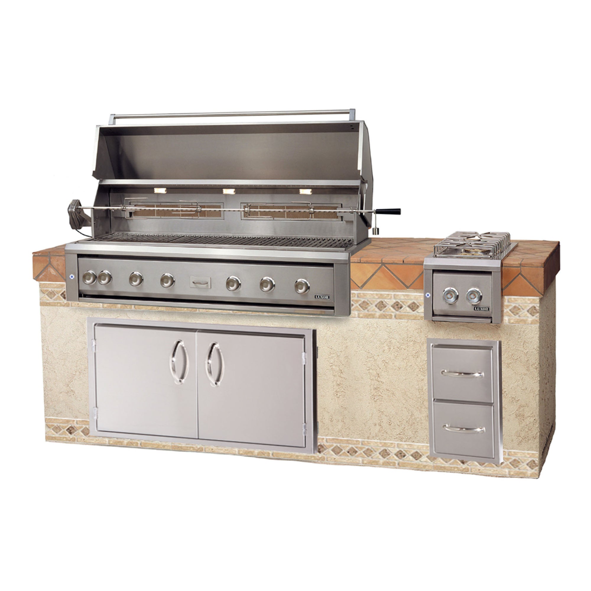 Stainless steel outdoor grill with tiled countertop on a white background