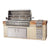 Stainless steel outdoor grill with tiled countertop on a white background