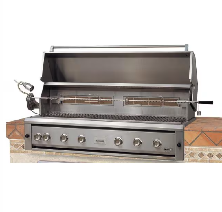 Stainless steel grill with multiple control knobs on a white background